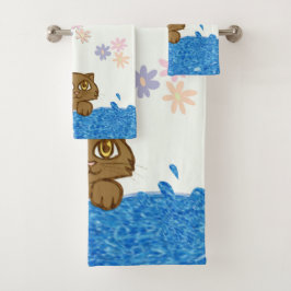 Conjunto De Toalhas Gato de Olhos Grandes na Água do Banho