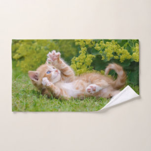 Conjunto De Toalhas Gato engraçado bonito brincando num jardim florid