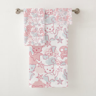 Conjunto De Toalhas Gato Goth Crânio Estilo Japonês Kawaii Coração Nuv