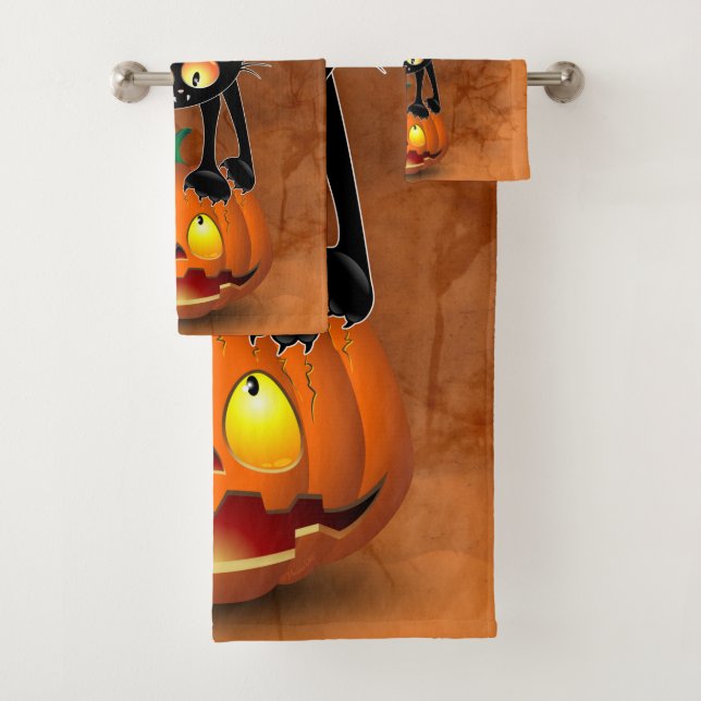 Conjunto De Toalhas Gato Halloween Caricatura Assustada na Pumpkin (Insitu)
