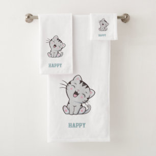 Conjunto De Toalhas Gato Malhado & Texto do Nome em Branco