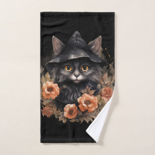 Conjunto De Toalhas Gato preto bonito no chapéu de uma bruxa