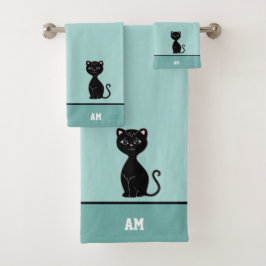 Conjunto De Toalhas Gato Preto e Monograma em Azul Claro
