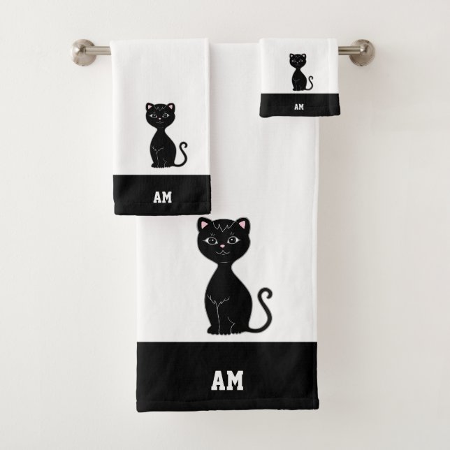 Conjunto De Toalhas Gato Preto e Monograma em Preto e Branco (Insitu)