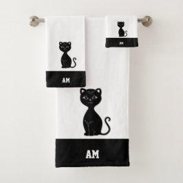 Conjunto De Toalhas Gato Preto & Monograma em Preto e Branco