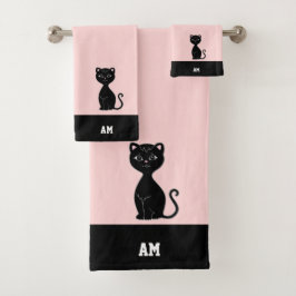 Conjunto De Toalhas Gato Preto & Monograma em Preto e Rosa