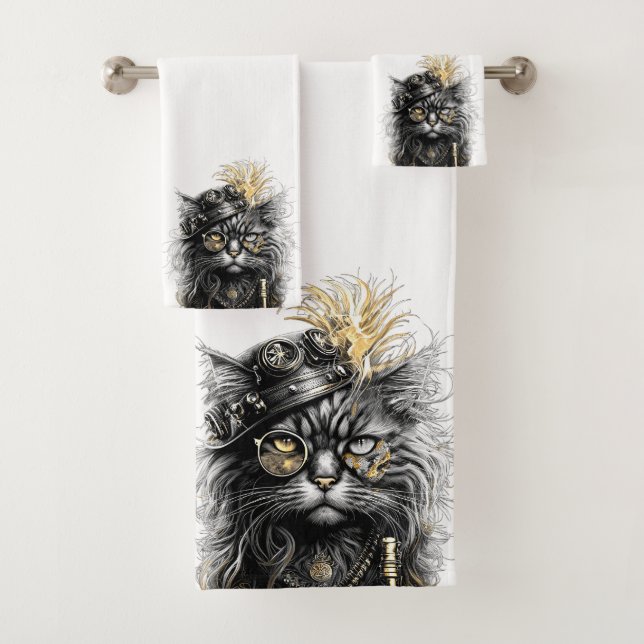 Conjunto De Toalhas Gato Steampunk Incrível  (Insitu)