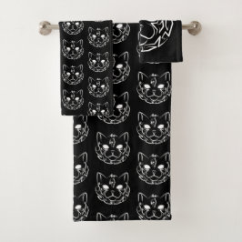 Conjunto De Toalhas Gato Tribal Negro e Branco