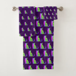 Conjunto De Toalhas Gato Verde Rosa Repetir Roxo