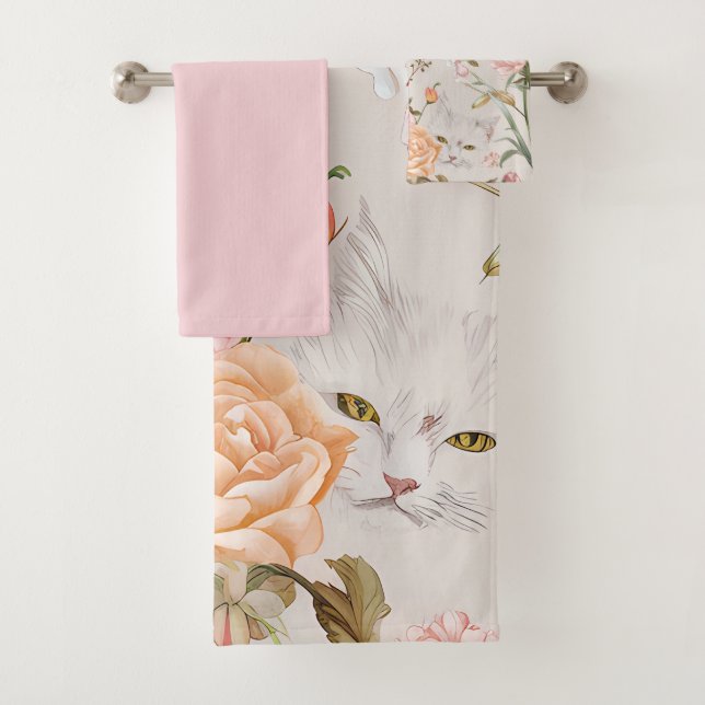 Conjunto De Toalhas Gatos Brancos Rosas Cor-de-Rosa Floral  (Insitu)