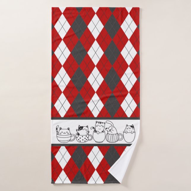 Conjunto De Toalhas Gatos Cachorros Em Copos - Argyle De Cinzas Vermel (Toalha de Banho)