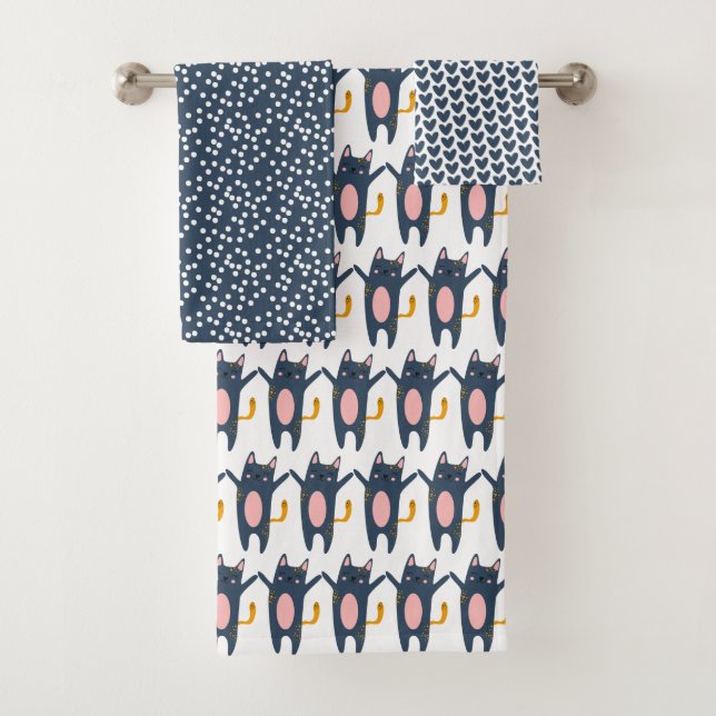 Conjunto De Toalhas Gatos, Corações e Polkadots, de cor azul (Insitu)