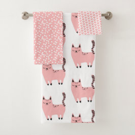 Conjunto De Toalhas Gatos, Corações e Polkadots, de cor rosa-branca