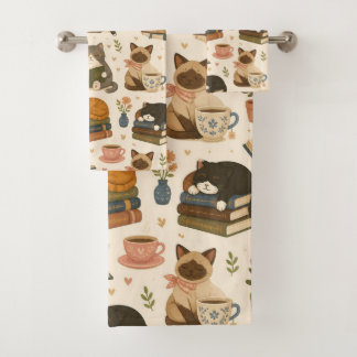 Conjunto De Toalhas Gatos de Leitura Aconchegantes e Cafés para Biblió