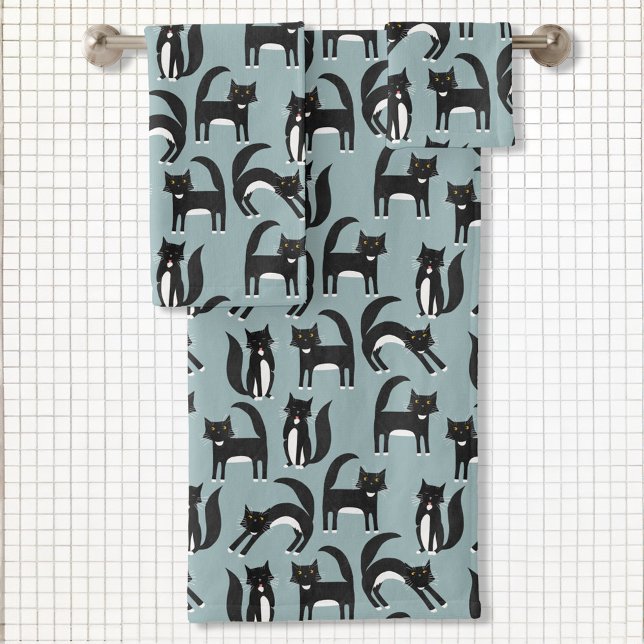 Conjunto De Toalhas Gatos de Tuxedo preto e branco (Black and White Tuxedo Cats fun bathroom towel set)