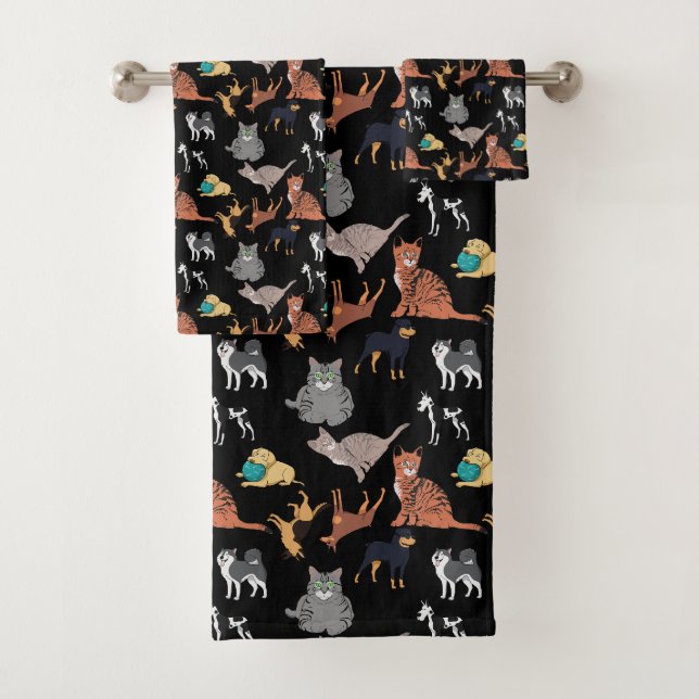 Conjunto De Toalhas Gatos E Cachorros Padrão Design Em Preto  (Insitu)