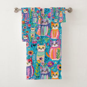 Conjunto De Toalhas Gatos e Flores Coloridos Felizes