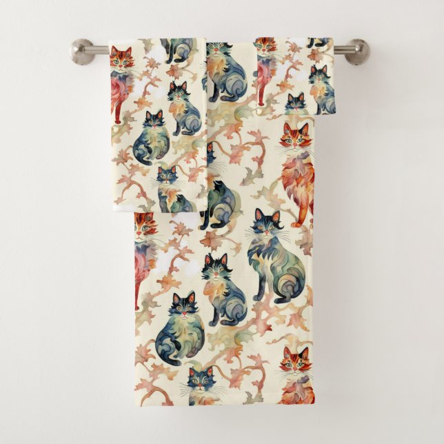 Conjunto De Toalhas Gatos em Padrão Chinês de Aquarela (Insitu)