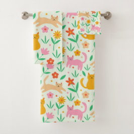Conjunto De Toalhas Gatos Felizes Retro com Flores Laranja Vermelho e 
