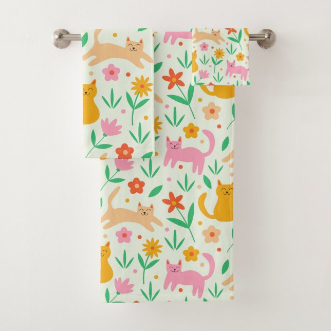 Conjunto De Toalhas Gatos Felizes Retro com Flores Laranja Vermelho e  (Insitu)