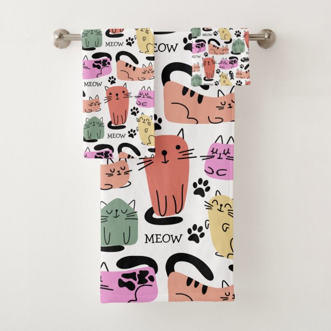 Conjunto De Toalhas Gatos Fofos de Rabiscos e Pegadas de Pata (Insitu)