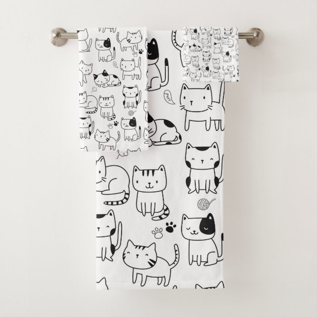 Conjunto De Toalhas Gatos Fofos Padrão Rabiscado (Insitu)