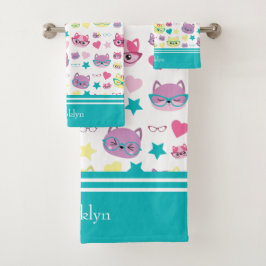Conjunto De Toalhas Gatos legal De Pastel Com Padrão De Óculos, Teal