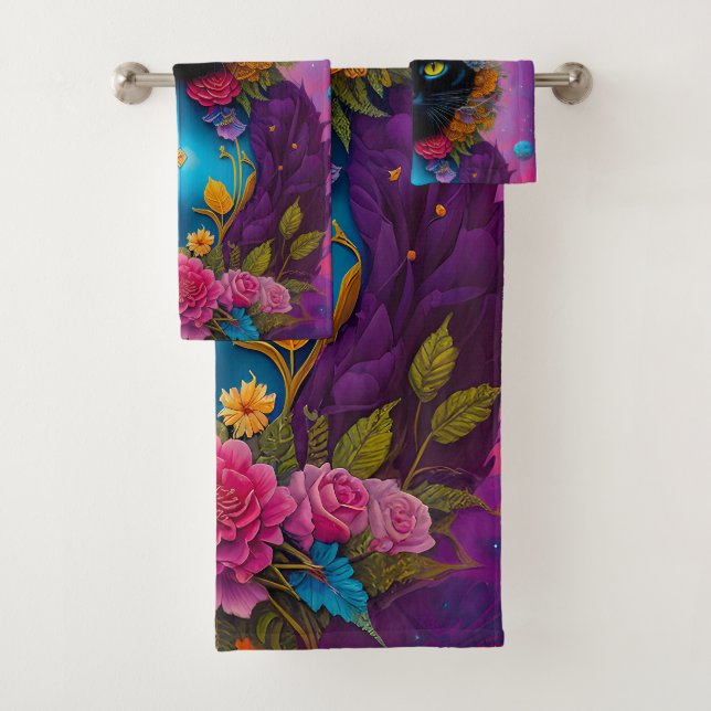 Conjunto De Toalhas Gatos negros cercados por flores (Insitu)