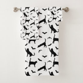 Conjunto De Toalhas Gatos Pretos Fofos e Morcegos Padrão Halloween