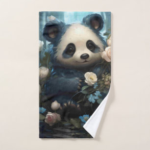 Conjunto De Toalhas Gentil Urso Panda Entre Rosas Selvagens