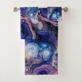 Conjunto De Toalhas Geodo Abstrato Azul Roxo com Bolha Mineral