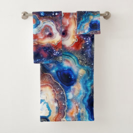 Conjunto De Toalhas Geodo Abstrato Vermelho Azul com Redemoinhos Cósmi