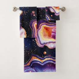 Conjunto De Toalhas Geodo Cósmico Abstrato com Espirais Douradas Roxas