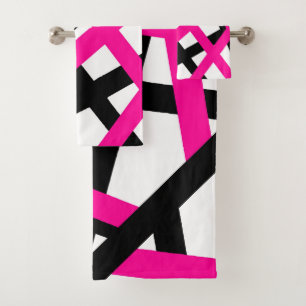 Conjunto De Toalhas Geométrica da Faixa Preta Rosa Quente 