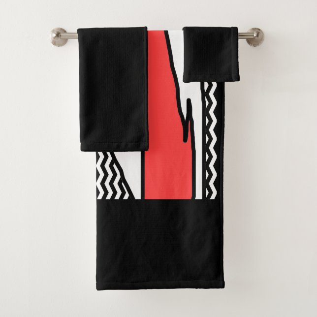 CONJUNTO DE TOALHAS GEOMÉTRICO ABSTRATO MODERNO VERMELHO PRETO BRANCO (Insitu)