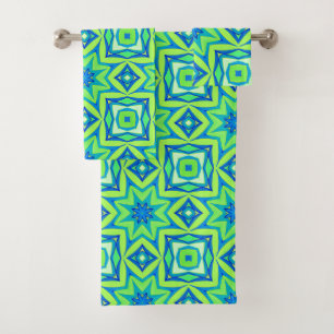 Conjunto De Toalhas Geométrico abstrato Star - Verde limão e Azul