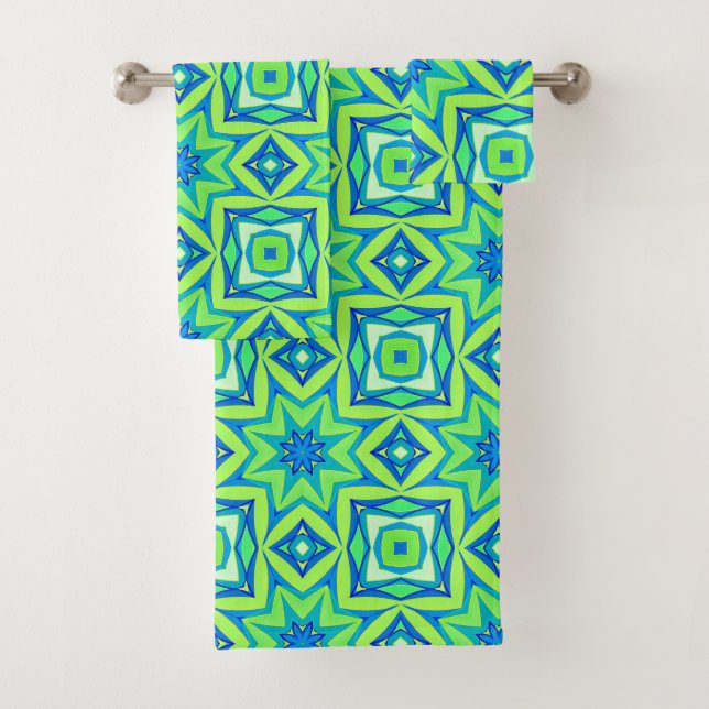 Conjunto De Toalhas Geométrico abstrato Star - Verde limão e Azul (Insitu)