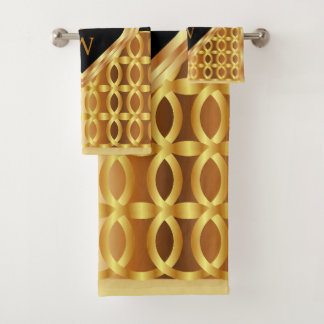 Conjunto De Toalhas Geométrico Dourado E De Coração Negro Monograma