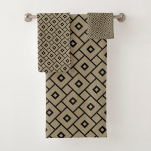 Conjunto De Toalhas Geométrico Elegante de Preto e Tan