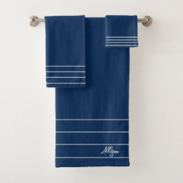 Conjunto De Toalhas Geométrico Monograma Azul Marinho e Branco