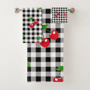 Conjunto De Toalhas Gingham Preto e Branco - Cereja Cótea Vermelha Ret