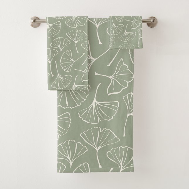 Conjunto De Toalhas Ginkgo Leaves Japandi Neutral Botanical Sage Green (Insitu)