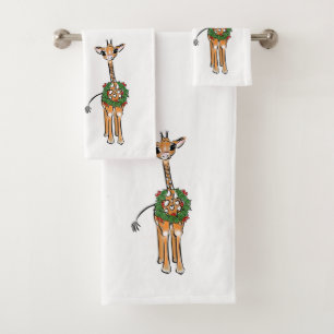 Conjunto De Toalhas Girafa Festiva Holiday com Holly Wreath