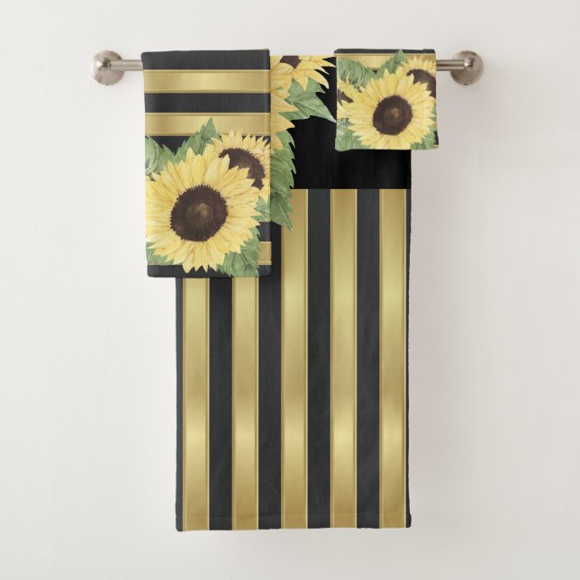 Conjunto De Toalhas Girassóis em Listras Pretas sobre Dourado (Insitu)