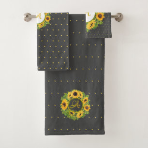 Conjunto De Toalhas Girassóis Monogramas Cinzas Escuras Amarelas