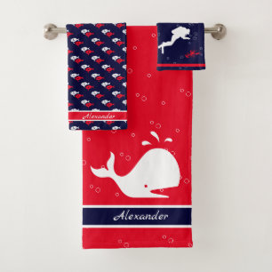 Conjunto De Toalhas Girls Monograma Cartoon Whale Red Marinho Blue