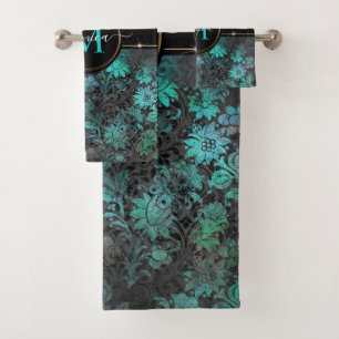 Conjunto De Toalhas Girly Aqua Blue Grunge Damask Dourado Frame Monogr