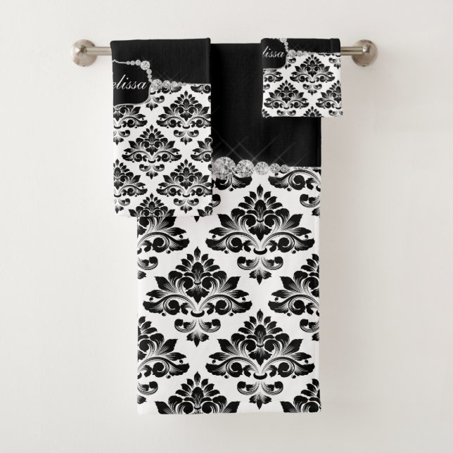 Conjunto De Toalhas Glam Elegante Black White Damask Diamantes (Insitu)