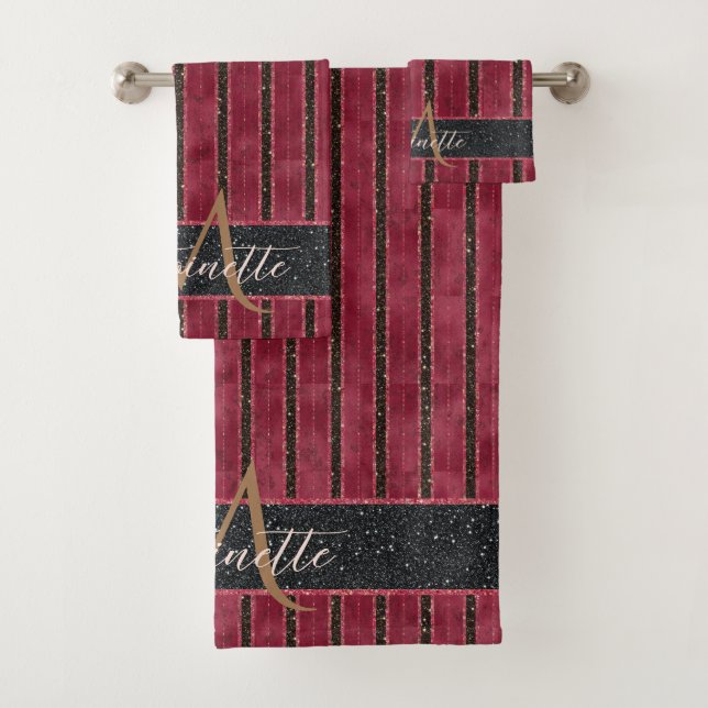 Conjunto De Toalhas Glam Glitter Monogramas Nome Borgonha Vermelho (Insitu)