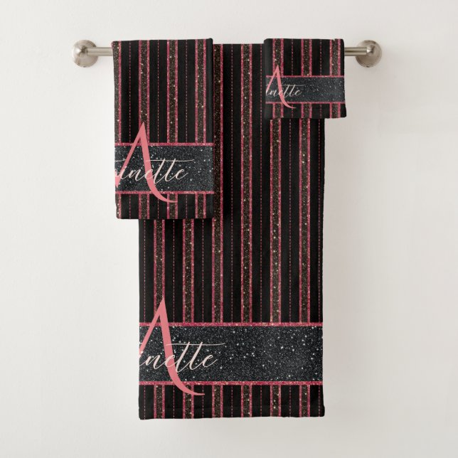 Conjunto De Toalhas Glam Glitter Nome Monograma Preto e Rosa (Insitu)